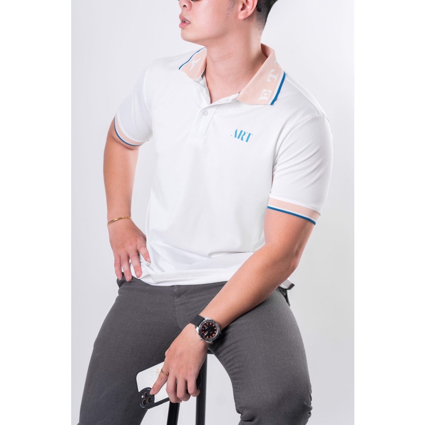 Áo Phông Polo Nam Cộc Tay Cao Cấp Màu Trắng In Chữ ART Form Rộng