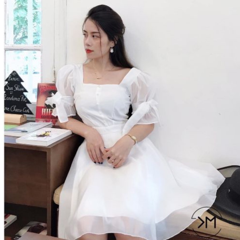 Đầm trắng dự tiệc tay nơ xinh xắn | BigBuy360 - bigbuy360.vn
