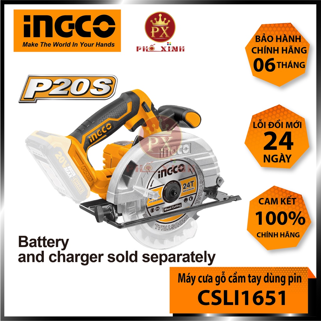 Máy cưa gỗ cầm tay dùng pin 20V INGCO CSLI1651 Máy cưa đĩa đường kính đĩa 165mm, tốc độ 3800rpm, khả