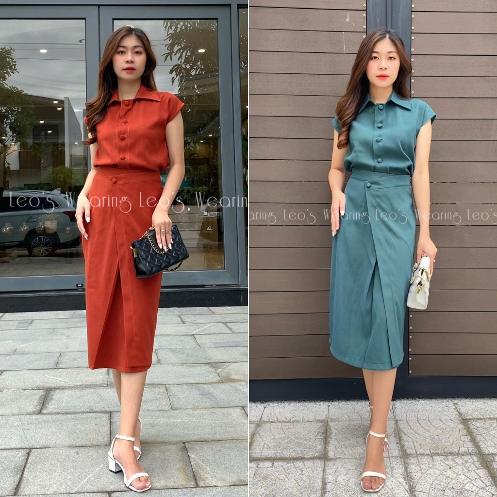 Set chân váy bút chì mix áo sơ mi cộc tay LEOSWEARING Q39 Q40