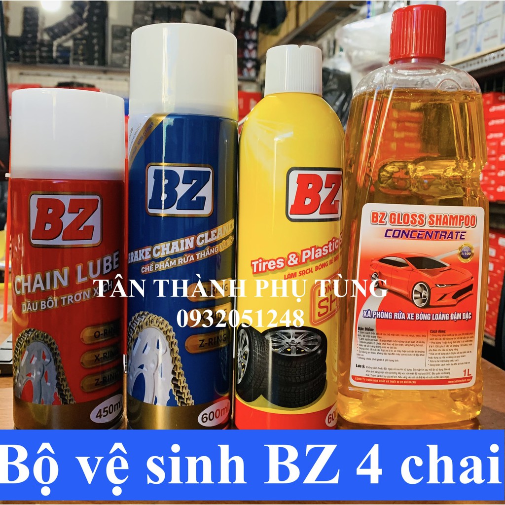 Bộ vệ sinh xe máy BZ: dưỡng, rửa, nhựa nhám, xà bông( combo 4 chai) tặng kèm chổi