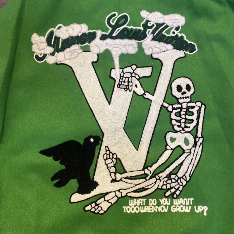 Áo khoác bóng chày LV xanh - Bomber varsity dạ phối tay da trần bông