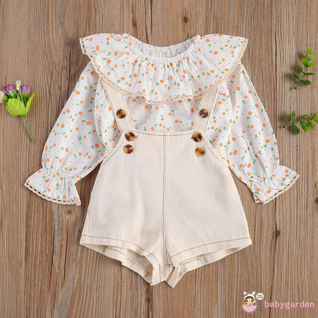 Set quần yếm ngắn và áo dài tay in hoa đáng yêu cho bé gái