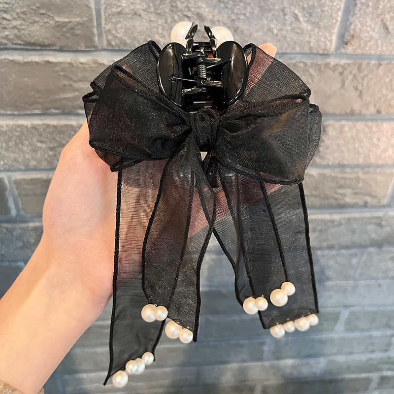 Kẹp Tóc Hình Nơ Đính Ngọc Trai Màu Đen Phong Cách Hàn Quốc Cho Nữ