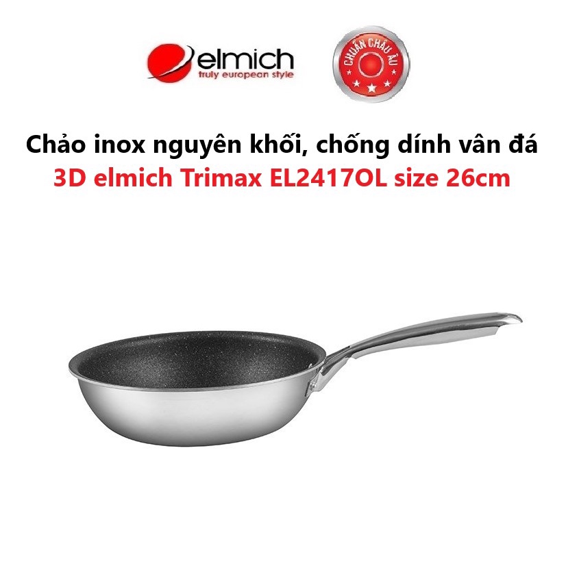 [LIFEMCMBP4 -12% đơn 250K] Chảo inox nguyên khối, chống dính vân đá 3D elmich Trimax EL2417OL size 26cm