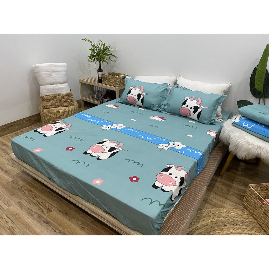 SET GA CHUN VÀ 2 VỎ GỐI NẰM COTTON POLY NGOCANHBEDDING HOT NHẤT HÈ 2021 MẪU BÒ SỮA XANH