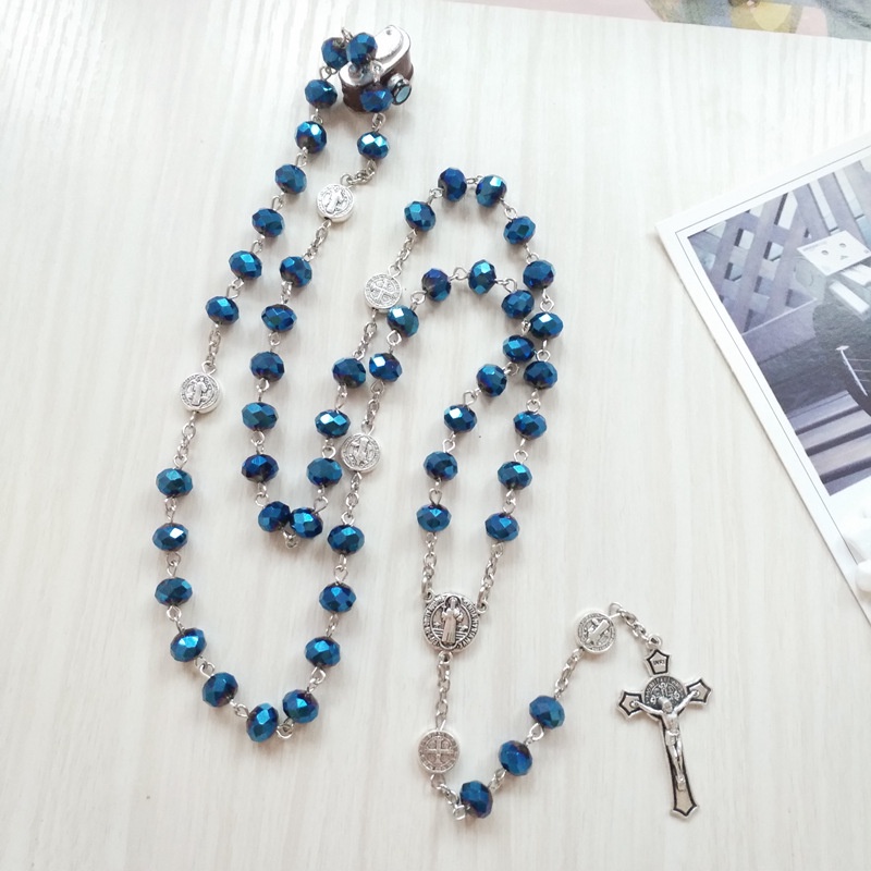 Catholic Vòng cổ Chuỗi Hạt Pha Lê Màu Xanh Dương Hình Thánh Benedict Medal