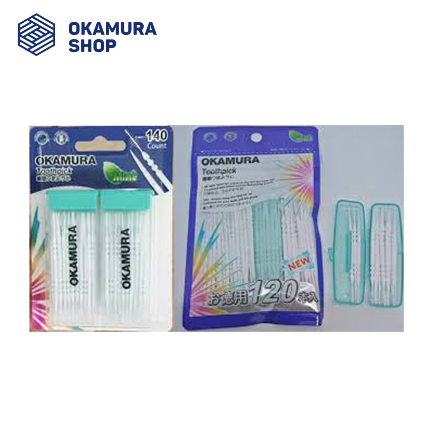 Combo tăm nhựa Okamura Nhật Bản gói 120 cây và 1 hộp 140 cây