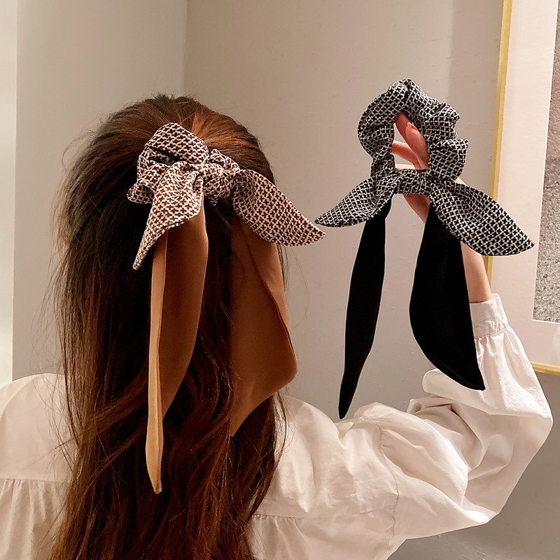 Dây buộc tóc kaki buộc nơ tua rua dễ thương cho phái nữ