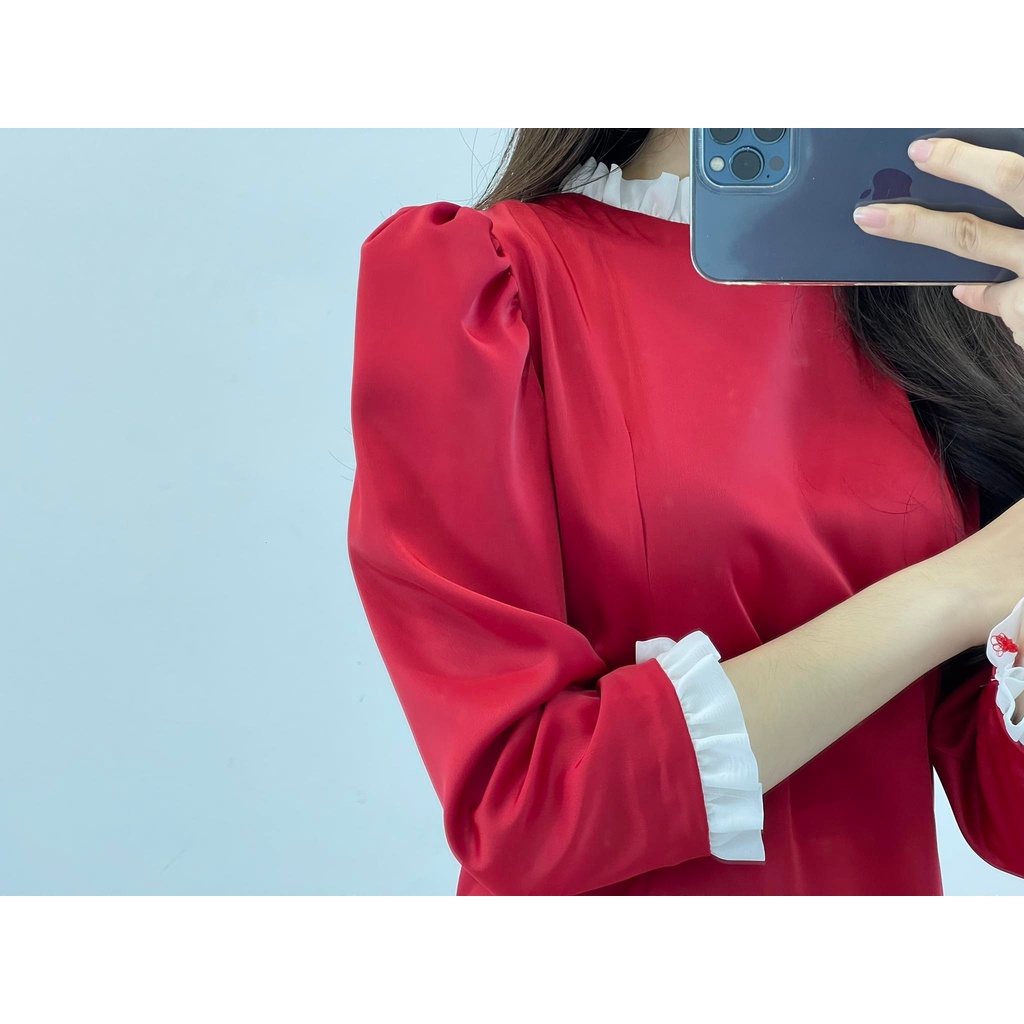 (FREESHIP) Set áo dài đỏ cổ trắng tay lỡ Miho house