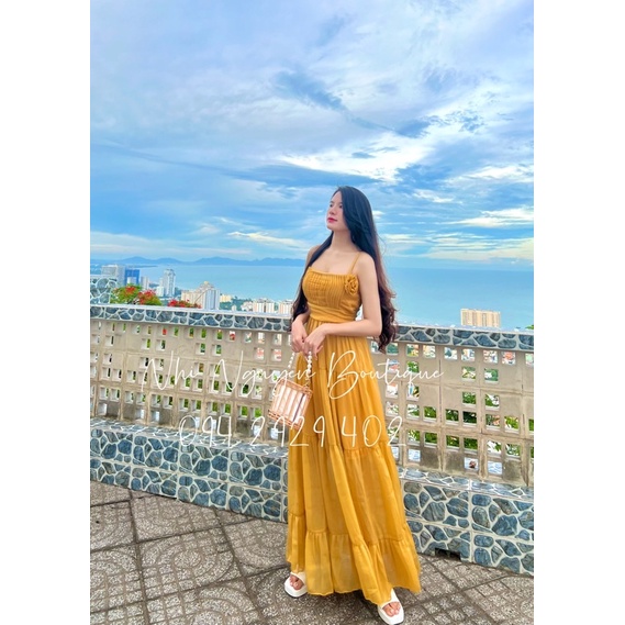 Đầm maxi voan đi biển hai dây hồng, vàng xếp li ngực kèm tag hoa có mút ngực