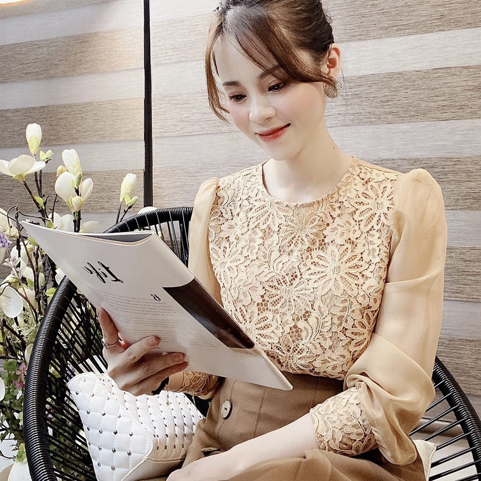Áo kiểu công sở ren G64 mầu nâu chất mát không lộ, Áo công sở nữ phối ren đẹp chất mát mềm, xịn hàng thời trang công sở