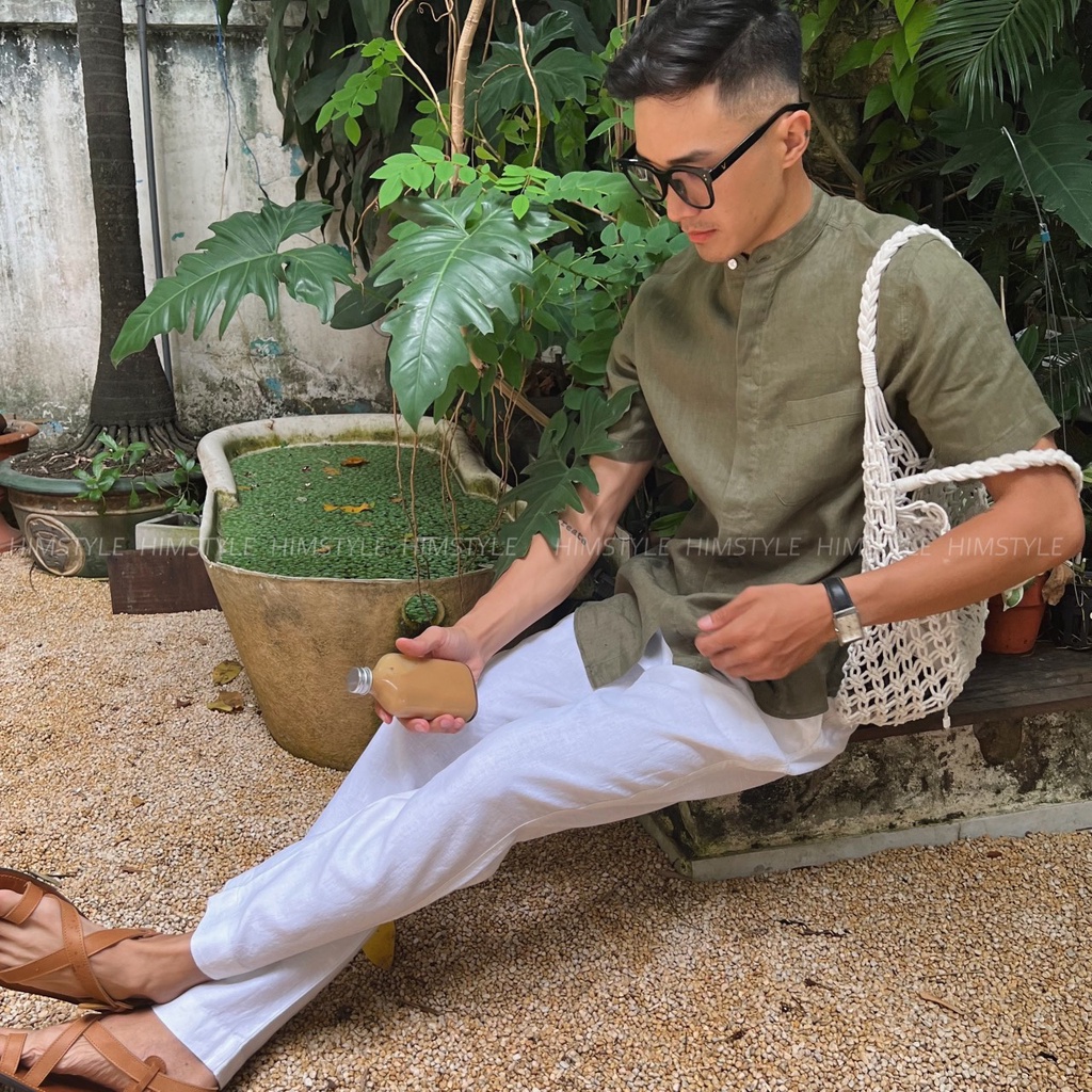 Áo Sơmi Nam Linen Cổ Trụ Ngắn Tay Cao Cấp Lịch Lãm và Phong Cách