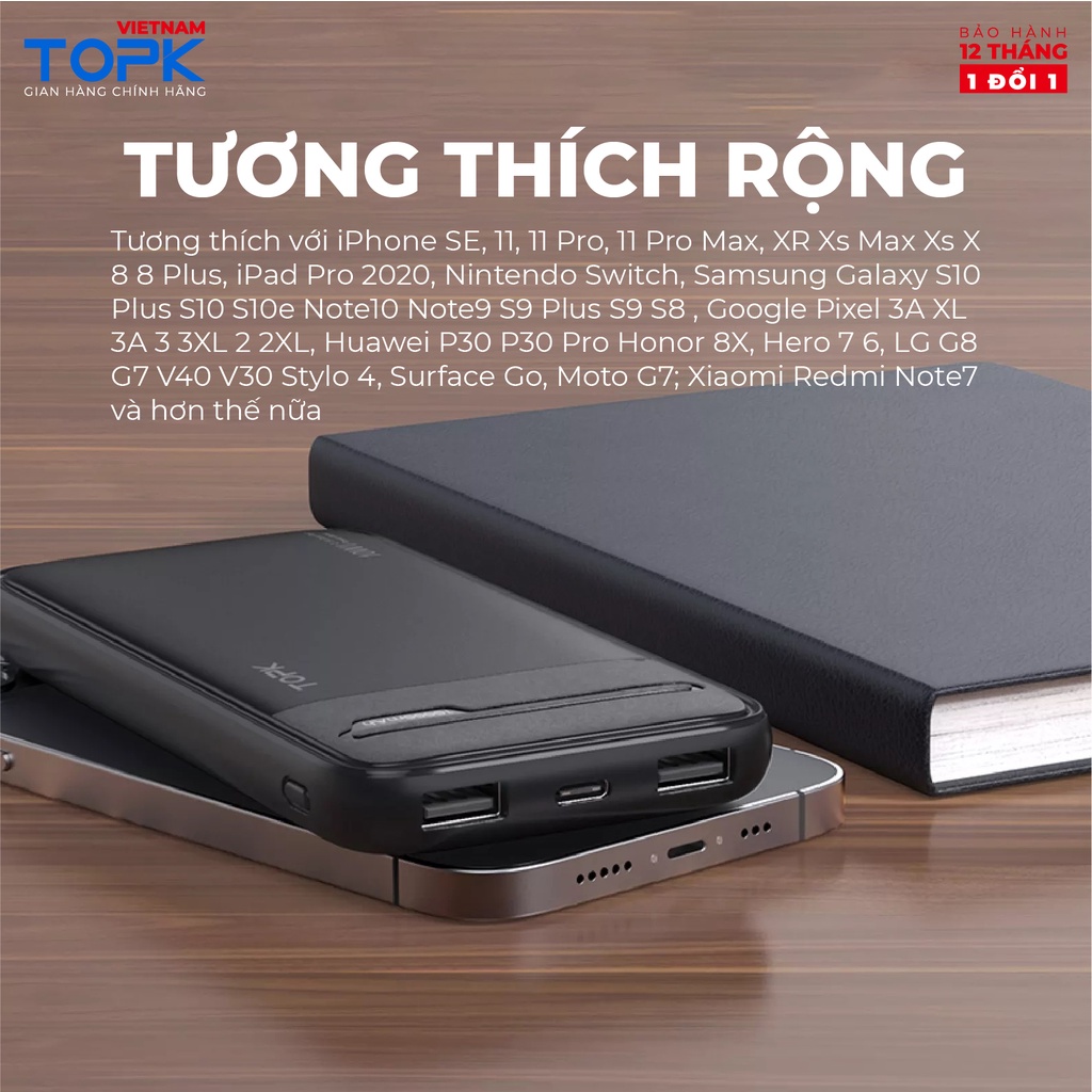 Sạc dự phòng 10000mAh TOPK I1016 Đầu ra 2 cổng USB - Hàng phân phối chính hãng Bảo hành 12 tháng 1 đổi 1