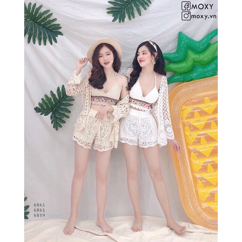 Set biển hot 2020 - set 3 món - bra mix ngọc + quần ren hoa hồng cạp rút + choàng ren hoa tay sóng điệu đà (có tách rời)