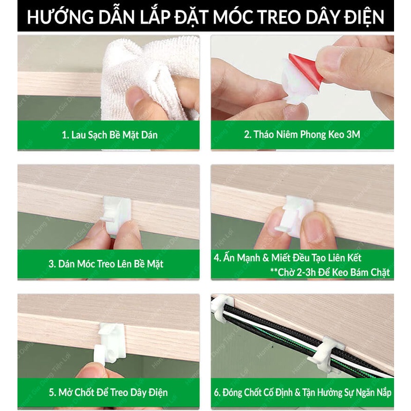 COMBO 5 Móc Treo Dây Điện Keo 3M Siêu Dính Tường Hamart Nút Cố Định Dán Đi Cáp Điện Chống Rối