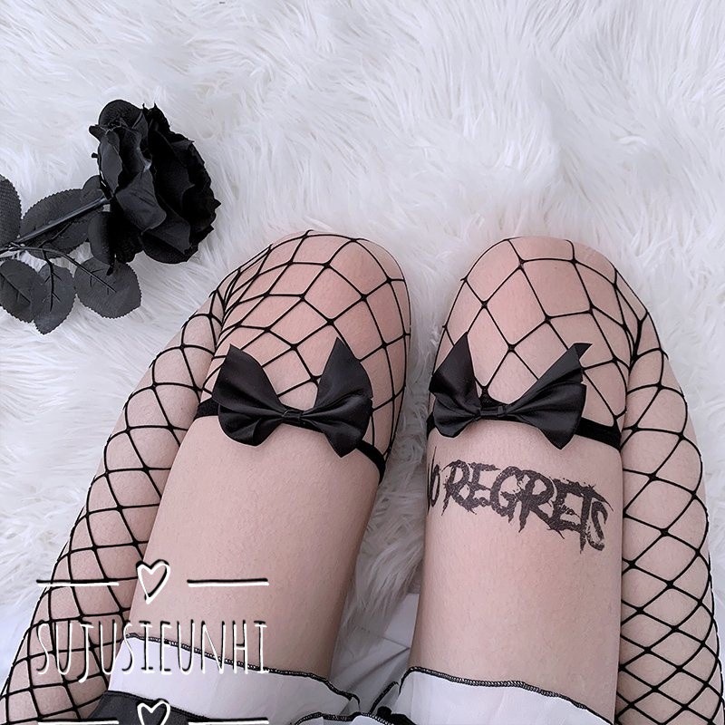 (2 màu) Tất đùi lưới có gắn nơ dễ thương/ lolita cute sock