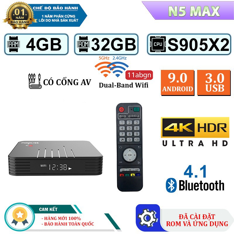 Android Tivi Box Magicsee N5 Max - Chip S905X2 - Ram 4GB - Bộ nhớ 32GB - Phiên Bản New 2019