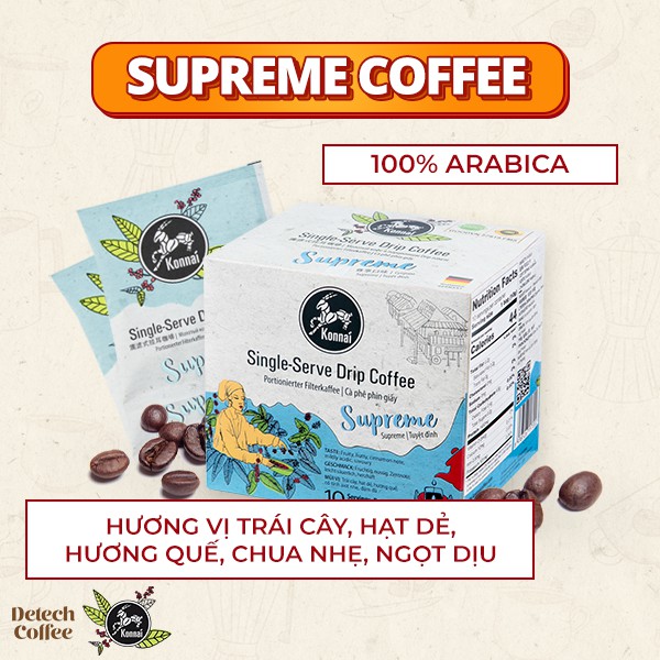Cà phê phin giấy nguyên chất Supreme Coffee pha chế tiện lợi 100% Arabica Konnai Coffee phù hợp đi làm, đi học, đi du lị
