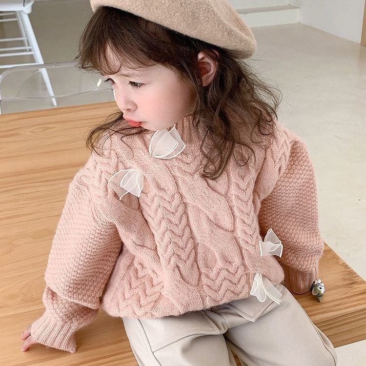 Áo sweater cổ cao phối nơ thiết kế thời trang thu đông cho bé gái tùy chọn màu sắc