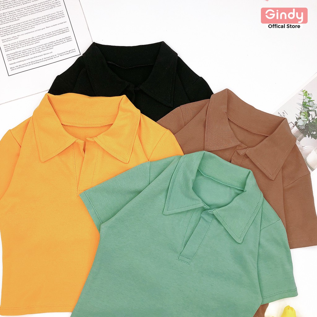 Áo phông nữ croptop GINDY cổ bẻ polo tay lỡ form rộng chất cotton thoáng mát A7001