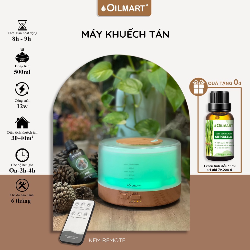 Máy Xông Tinh Dầu Oilmart, Phun sương, tạo ẩm và khuếch tán tinh dầu