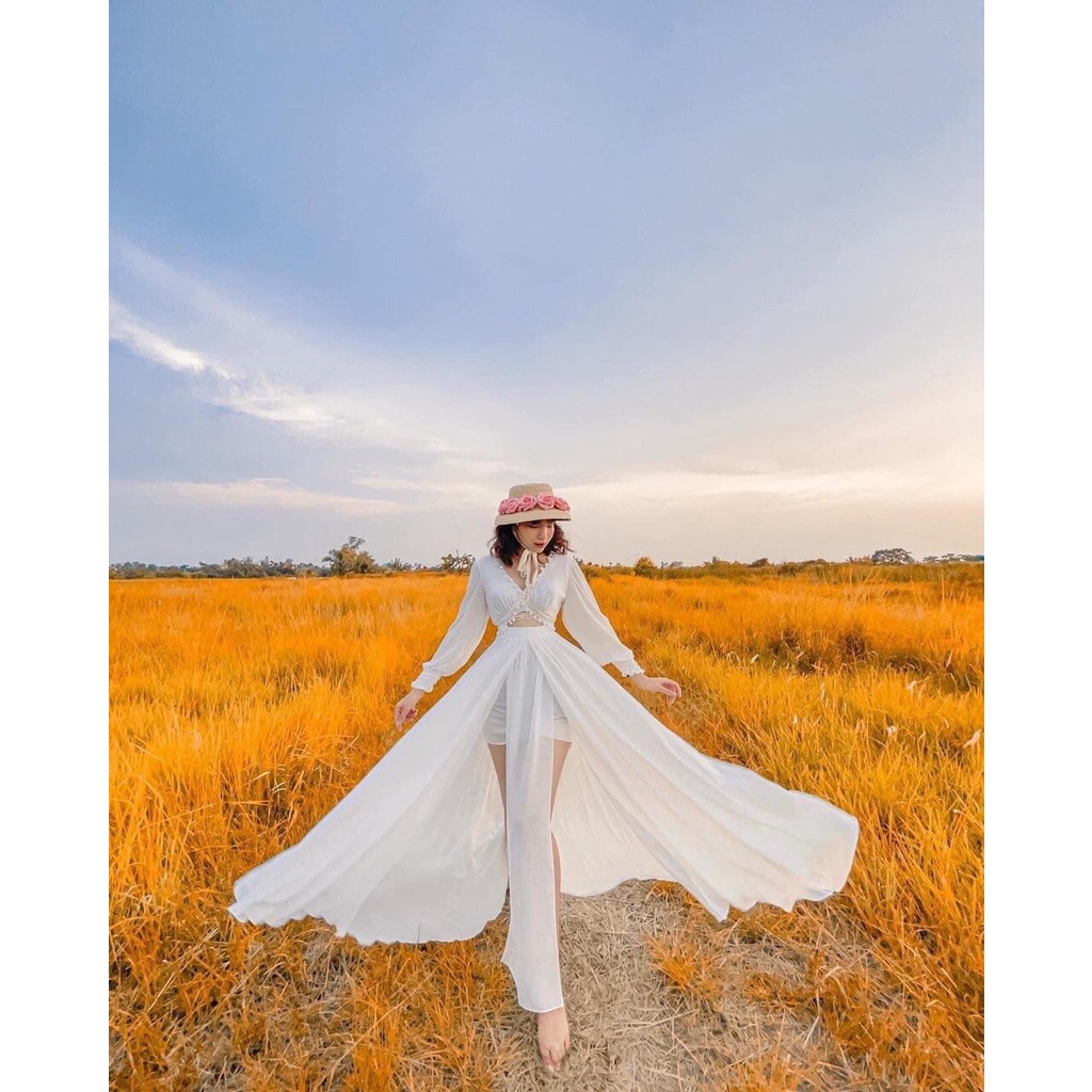 Đầm maxi dáng xoè cut eo bo chun tay, chụp hình đi du lịch siêu ảo HAKIEU