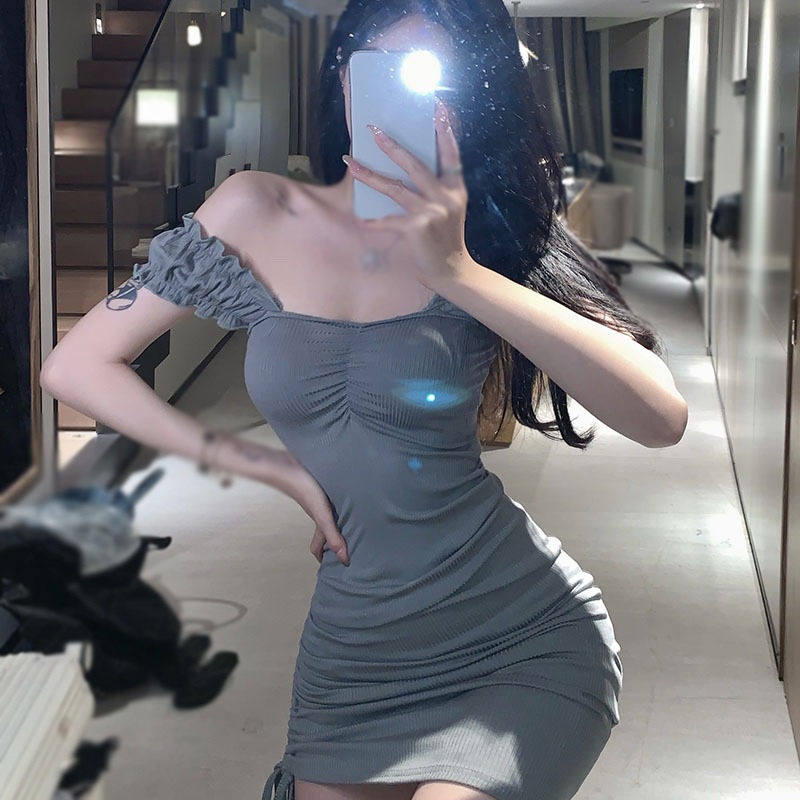 Đầm trễ vai màu trơn đơn giản phong cách Hàn Quốc cho nữ