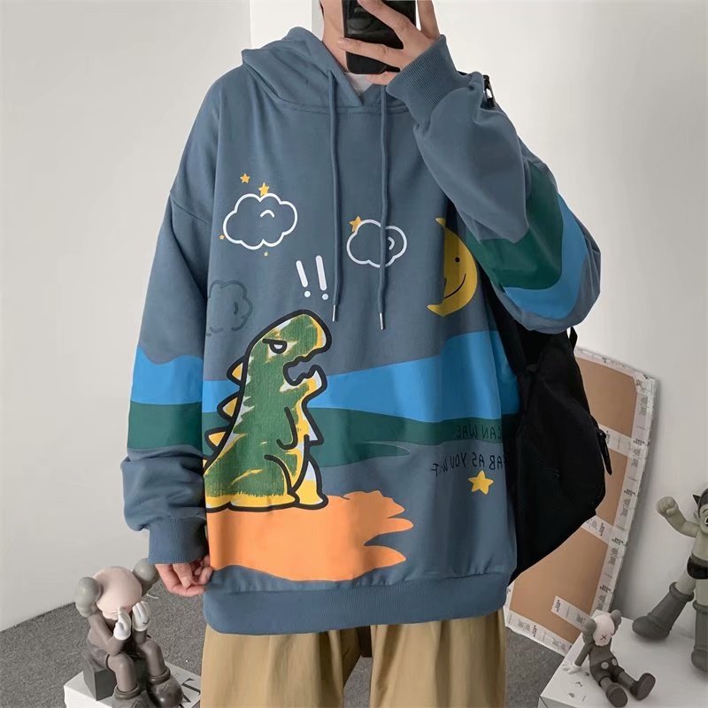 Men's Korean fashion style M-2XL wide-sleeved long-sleeve hoodie with cartoon motifs