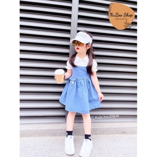 Sét váy yếm bò kèm áo sơ mi trắng cổ sen điệu đà cho bé gái, yếm bò mùa hè cho bé kèm áo sơ mi trắng đi học 10-23kg