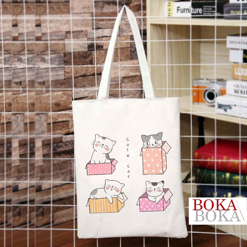 Túi Tote CANVAS Hình Các Bạn Mèo Ulzzang (Có Khóa Kéo)