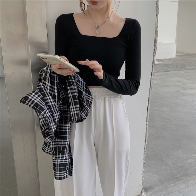 Porozi  Áo thun  tay dài cổ vuông phong cách Hàn Quốc