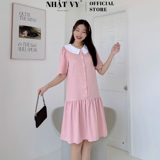  Đầm Nữ NHẬT VY Dáng Suông Trơn Phối Cúc Thật Cổ Trắng Tùng Bèo Công Sở Chất Linen Mịn Đi Chơi Màu Xanh Hồng - D2127 