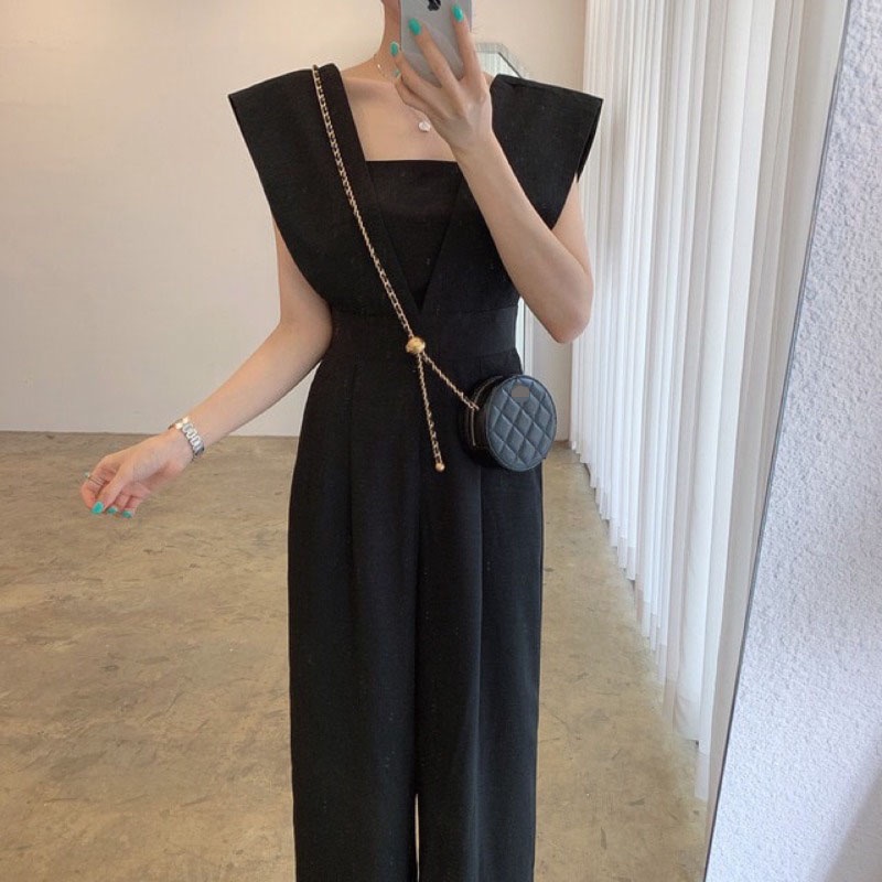 Korean-StylechicSummer Retro Square Collar Waist Slimming Loose All-Matching Long Sleeveless Jumpsuit Wide Leg Pants for Women