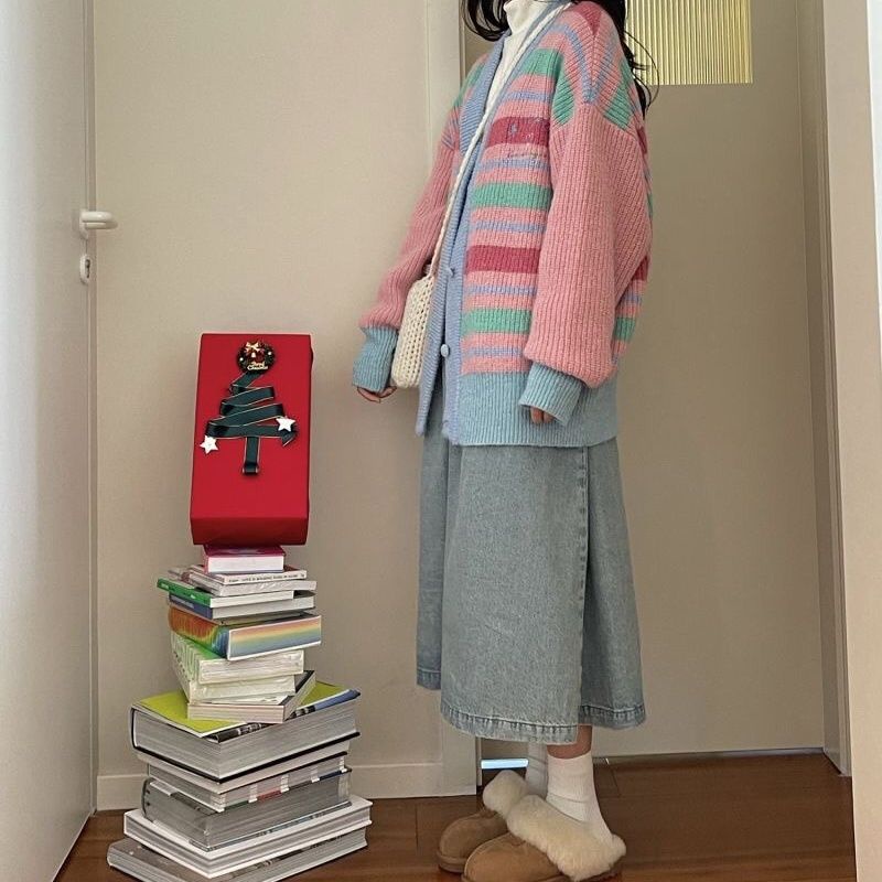 Áo Khoác Len Cardigan Dáng Rộng Thêu Hình Cầu Vồng Kiểu Vintage Nhật Bản Dễ Thương Cho Nữ