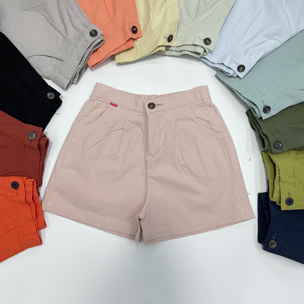 Quần short linen nữ đẹp lưng cao dây kéo trước lưng thun sau C67 mùa hè dáng đẹp