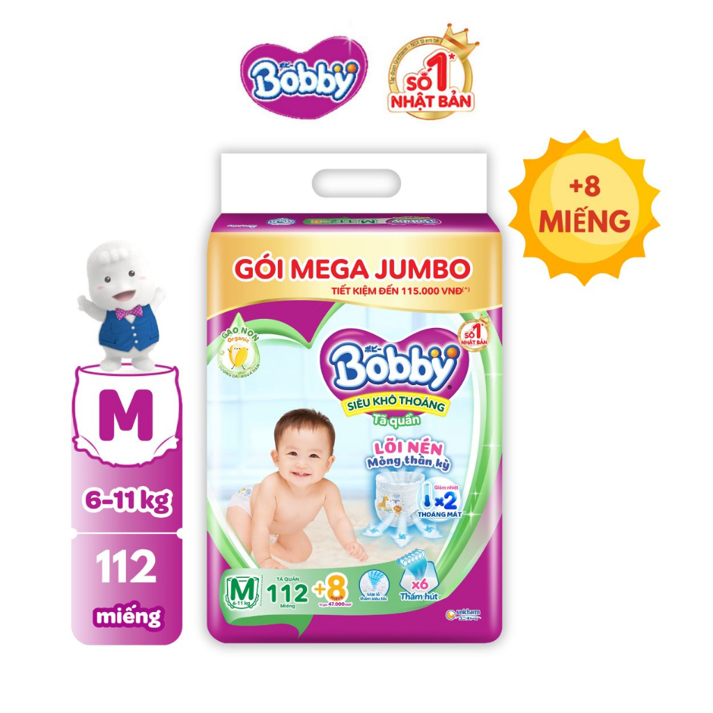 Tã/bỉm quần Bobby 3mm Mega Jumbo Gạo non Giảm nhiệt M112/L96/XL84/XXL76