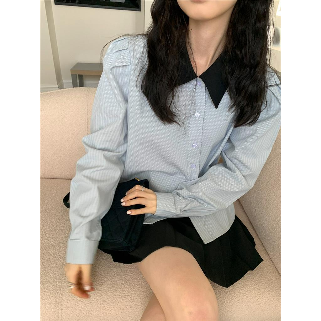 Áo Sơ Mi Kẻ Sọc Dài Tay Màu Sắc Tương Phản Phong Cách preppy 66638