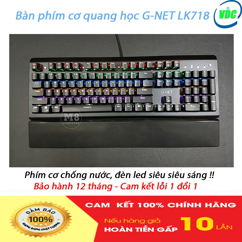 Bàn phím cơ quang học G-NET LK718 - Led RAINBOW - BLUE SWITCH [ Có kê tay, Tặng kèm key tháo cap + 2 switch thay thế ]