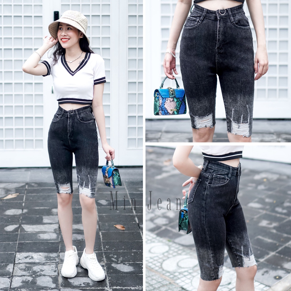 Quần Lửng Nữ Skinny Nữ Lưng Cao Ombre MinJean MS50, Quần Jean Ngố Rách Loang Co Giãn Hack Dáng