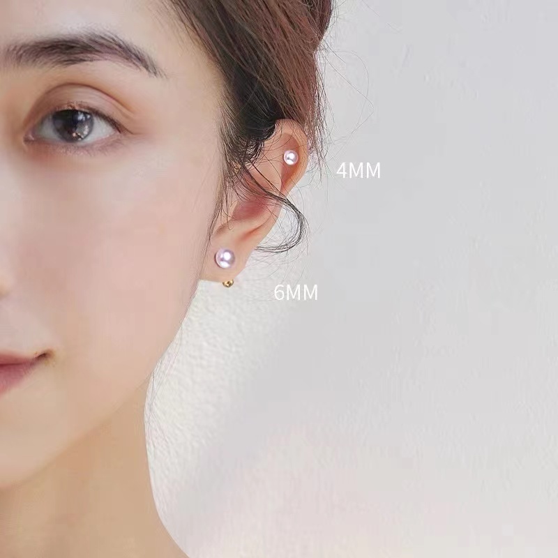 Khuyên tai bằng thép y tế đính ngọc trai / hạt tròn hai mặt nhỏ nhắn chuôi vặn không gây dị ứng phong cách Hàn Quốc