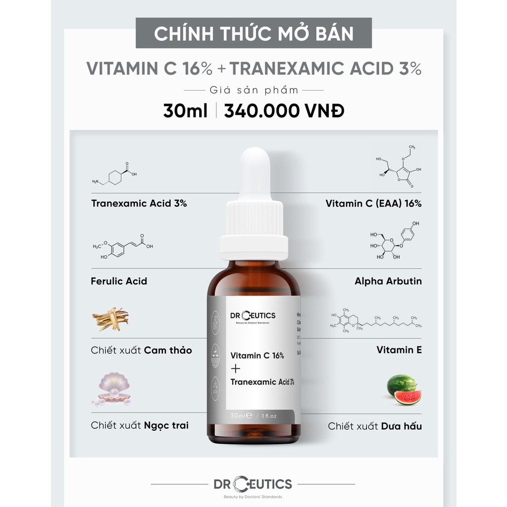 Serum Vitamin C DrCeutics - Sáng Da, Chống Lão Hoá, Mờ Thâm - 16% Vitamin C + 3% Tranexamic Acid | Unknown Beauty