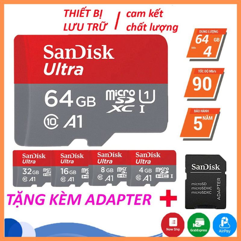 Thẻ Nhớ MicroSDHC SanDisk Ultra 128GB, 64GB, 32GB, 16GB, 8GB, Upto 667× 100MB/s Dùng Cho Điện Thoại máy ảnh camera