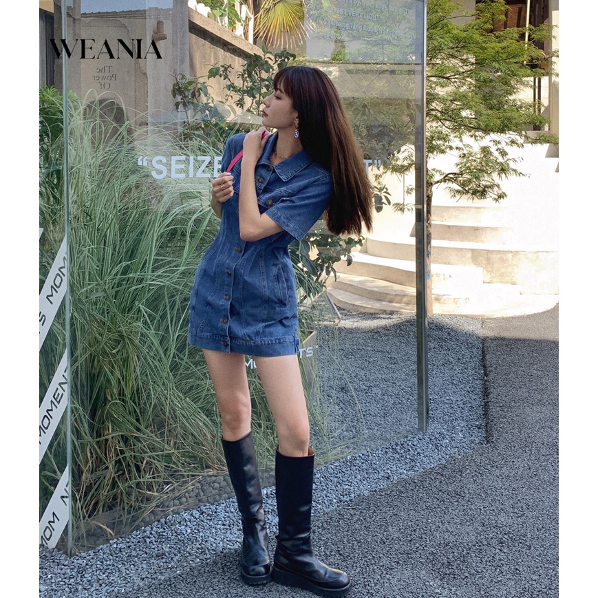 Đầm Denim Ngắn Tay Cổ Polo Phối Nút Thời Trang Dành Cho Nữ