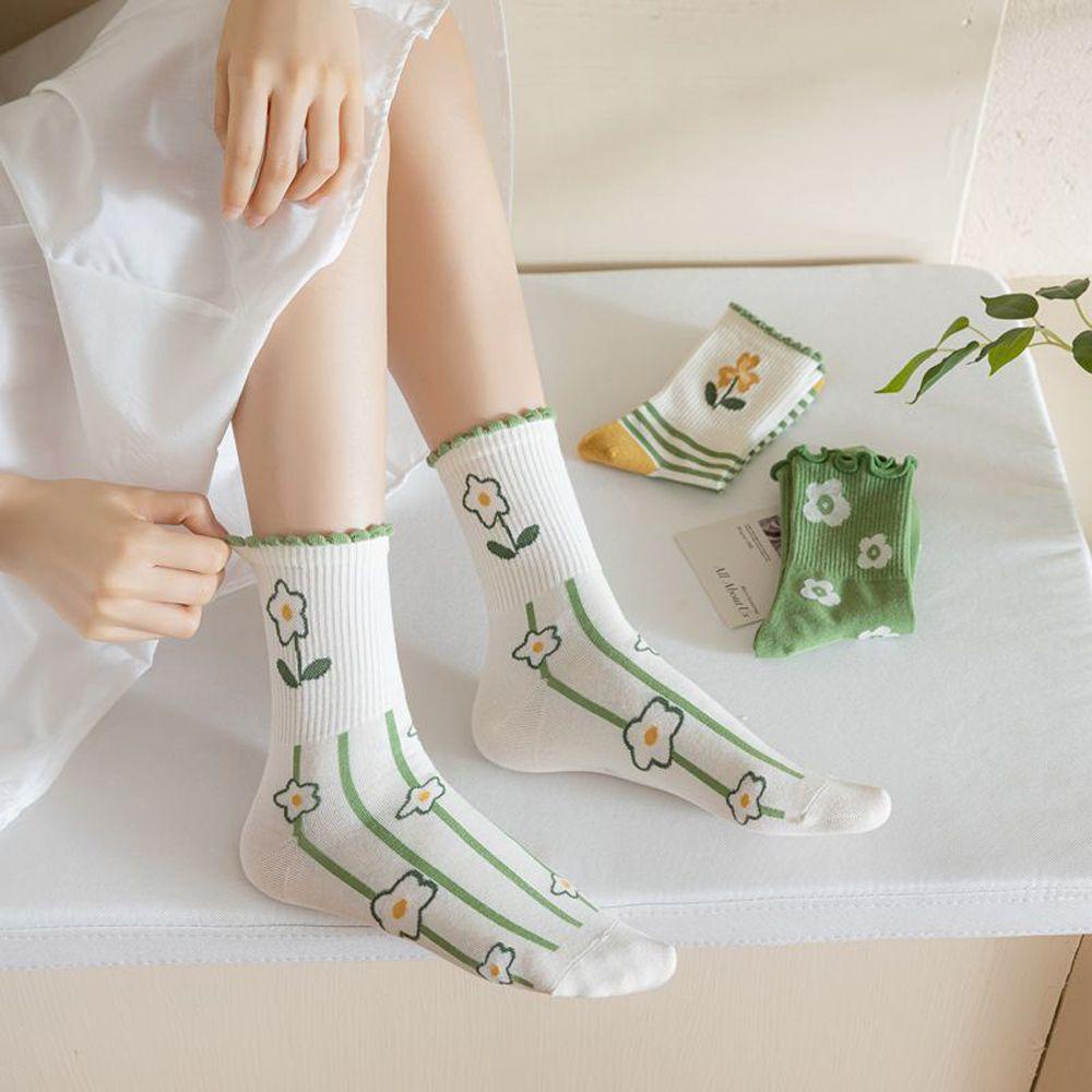Vớ Cotton Cổ Trung Họa Tiết Kẻ Sọc / Hoa Tulip Ngọt Ngào Thoải Mái Thời Trang Cho Nữ VANES1