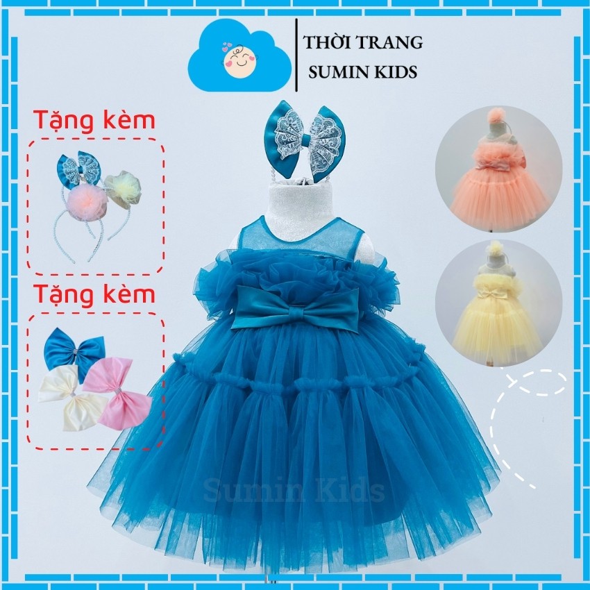 Đầm công chúa bé gái mẫu váy công chúa cho bé lưới xếp li nơ eo xòe đẹp cho bé yêu SUMIN KIDS