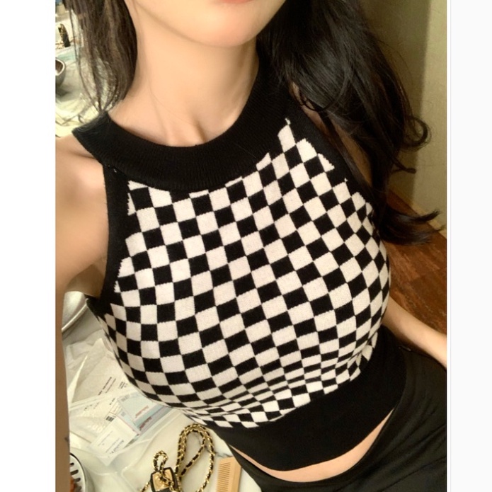 Porozi  áo croptop Áo Dệt Kim Không Tay Họa Tiết Sọc Caro Phong Cách Hàn Quốc