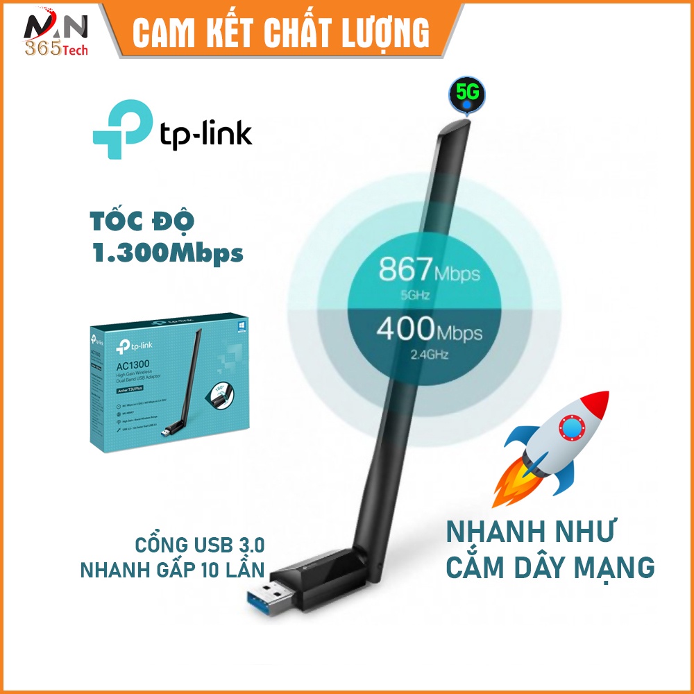 USB thu Wifi cho máy tính PC máy tính bàn TP-Link Archer T3U Plus băng tần kép AC1300Mbps