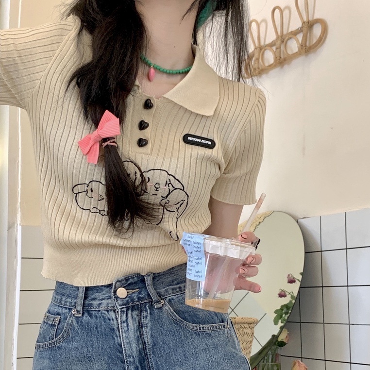 Áo thun polo ZHELIHANGFEI dệt kim tay ngắn thêu hình thỏ dễ thương thời trang