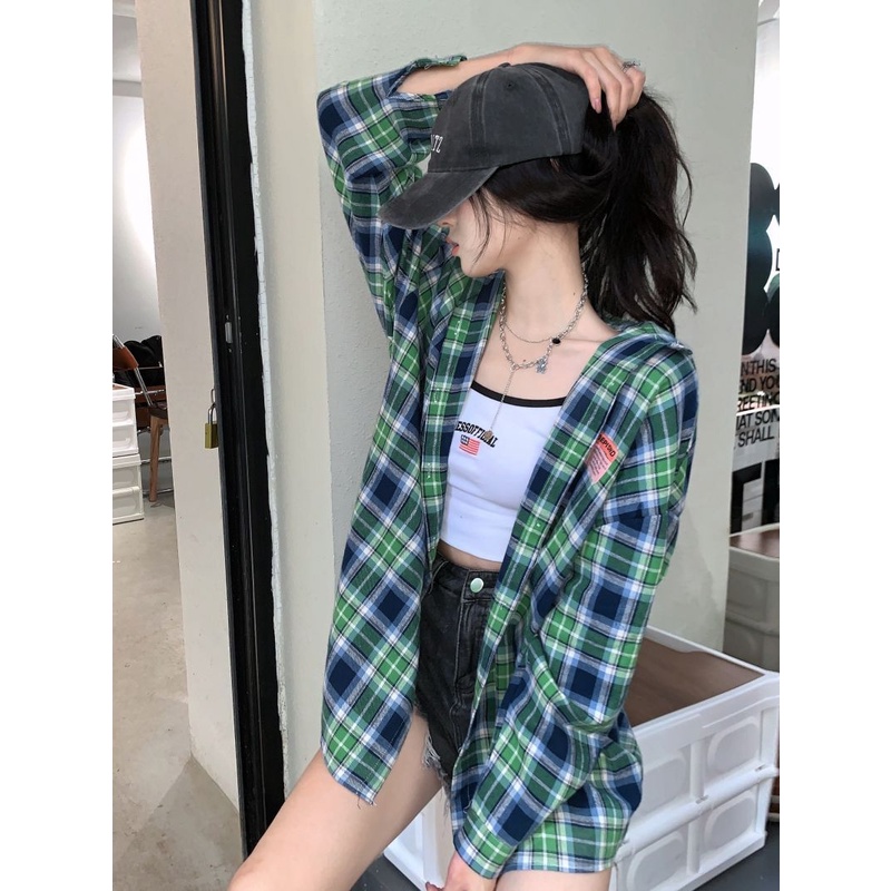 【ZHELIHANGFEI】Áo Sơ Mi Nữ Tay Dài Dáng Rộng Họa Tiết Caro Dễ Phối Đồ